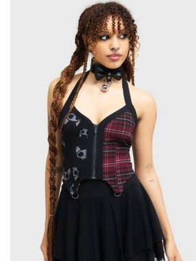 Killstar Black & Burgundy Plaid Halter Zip Front Tank
